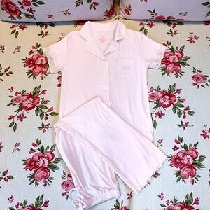 Betsey Johnson Pink Ribbed Pajama Set Lace Trim Short Sleeve Top Pants